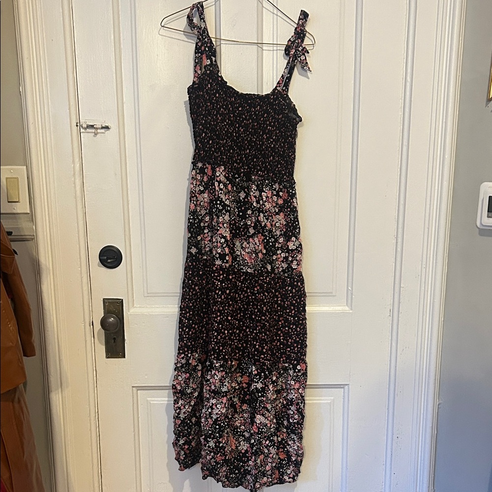 Floral Patchwork Smocked Maxi Dress in Black and Pink